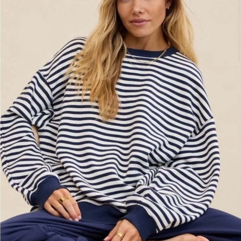 Aerie Tres Chic Navy And White Striped Crewneck Sweatshirt